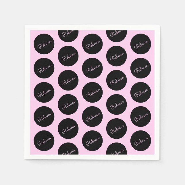 Retro-modern Black & Pink Polka Dot Design Napkin (Front)
