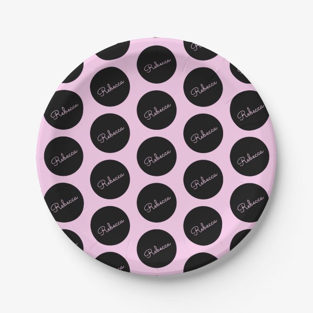 Retro-modern Black & Pink Polka Dot Design Paper Plate (Front)