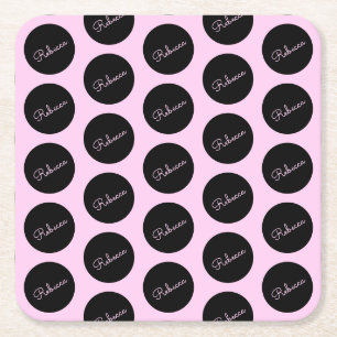 Retro-modern Black & Pink Polka Dot Design Square Paper Coaster