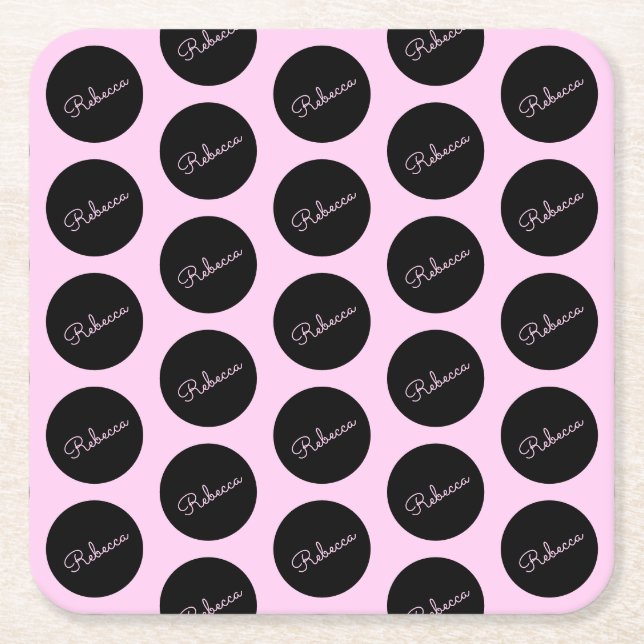 Retro-modern Black & Pink Polka Dot Design Square Paper Coaster (Front)
