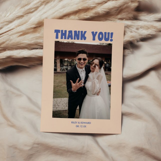 Retro Modern Blue & Beige Wedding Photo Thank You Card (Creator Uploaded)
