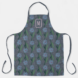 Retro Modern Blue Daisy Monogram Moody Cottagecore Apron