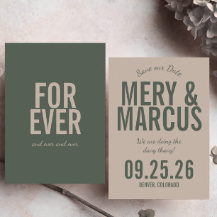 Retro Modern Bold Green & Beige Script Wedding Save The Date