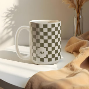 Retro Modern Chequered Pattern Custom Monogram Coffee Mug