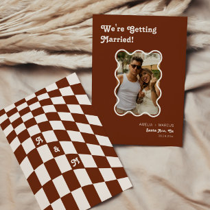 Retro Modern Chic Terracotta Chequered Save the Da Invitation
