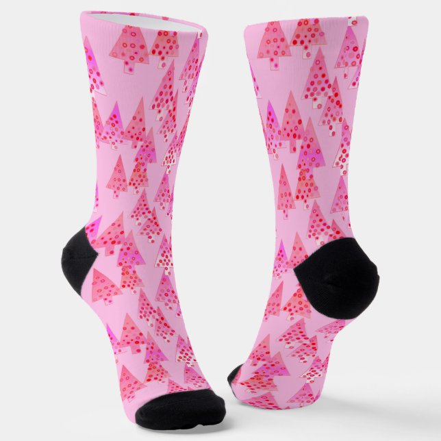 Retro Modern Christmas Trees, Pastel Pink Socks (Angled)