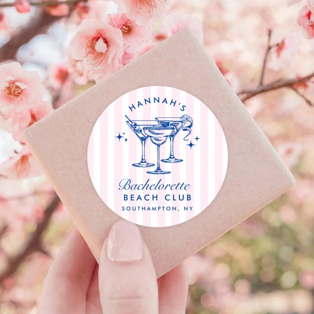 Retro Modern Cocktail Bachelorette Blue Classic Round Sticker (Creator Uploaded)