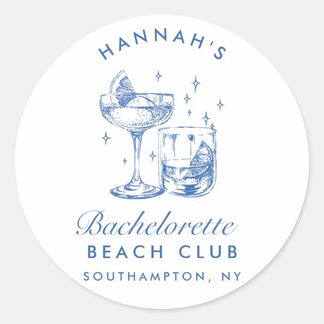 Retro Modern Cocktail Bachelorette Blue Classic Round Sticker (Front)