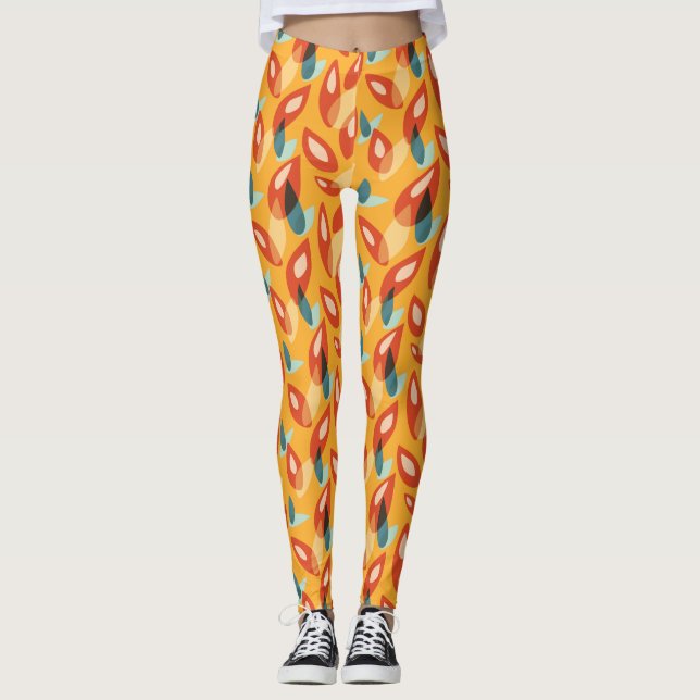 Retro Modern Cool Geometric Yellow Orange Pattern Leggings (Front)