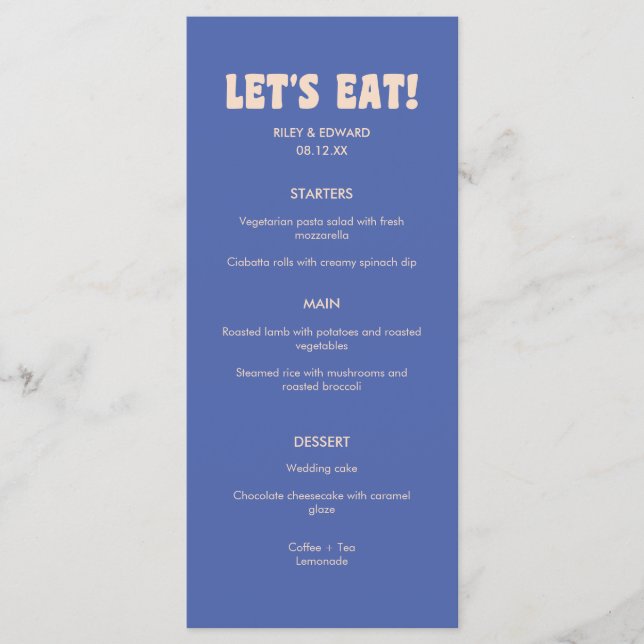 Retro Modern Dark Blue Beige "Let's Eat!" Wedding Menu (Front)