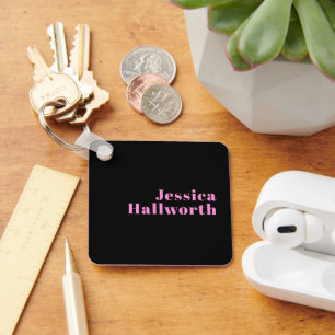Retro-modern Editable Text   Black & Pink Key Ring