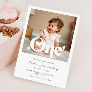 Retro Modern First Birthday Party Photo Invitation