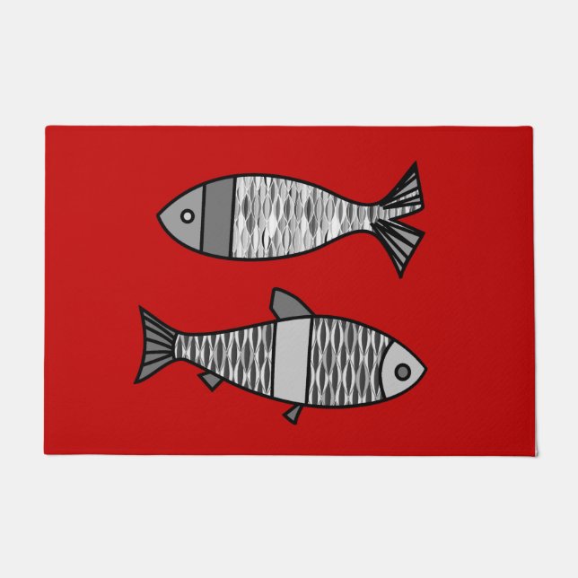 Retro Modern Fish, Deep Red and Gray / Grey Doormat (Front)