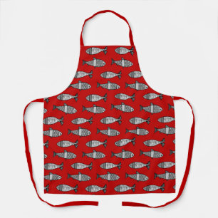 Retro Modern Fish, Deep Red and Grey Apron