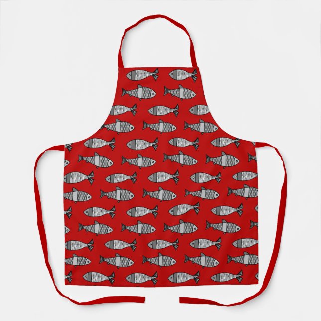Retro Modern Fish, Deep Red and Grey Apron (Front)