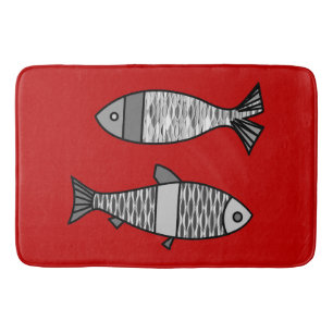 Retro Modern Fish, Deep Red and Grey / Grey Bath Mat