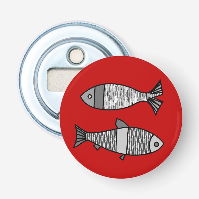 Retro Modern Fish, Deep Red and Grey / Grey Bottle Opener (Front)