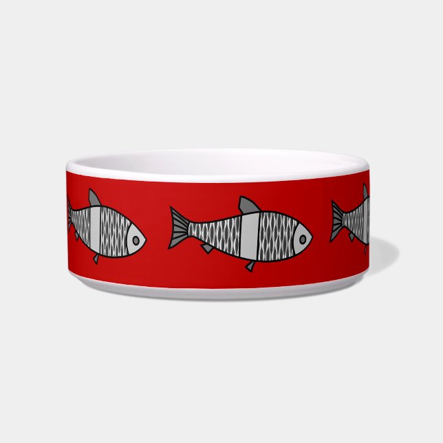Retro Modern Fish, Deep Red and Grey / Grey Bowl (Left)