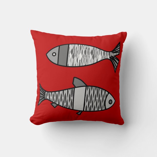 Retro Modern Fish, Deep Red and Grey / Grey Cushion (Front)