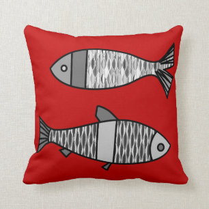 Retro Modern Fish, Deep Red and Grey / Grey Cushion