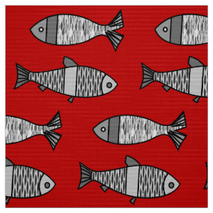 Retro Modern Fish, Deep Red and Grey / Grey Fabric