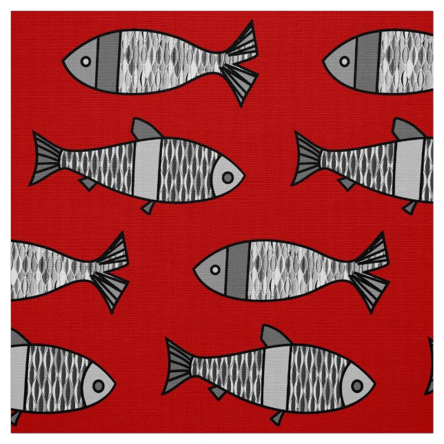 Retro Modern Fish, Deep Red and Grey / Grey Fabric (Swatch)