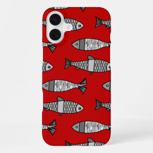 Retro Modern Fish, Deep Red and Grey / Grey iPhone Case