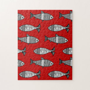 Retro Modern Fish, Deep Red and Grey / Grey Jigsaw Puzzle