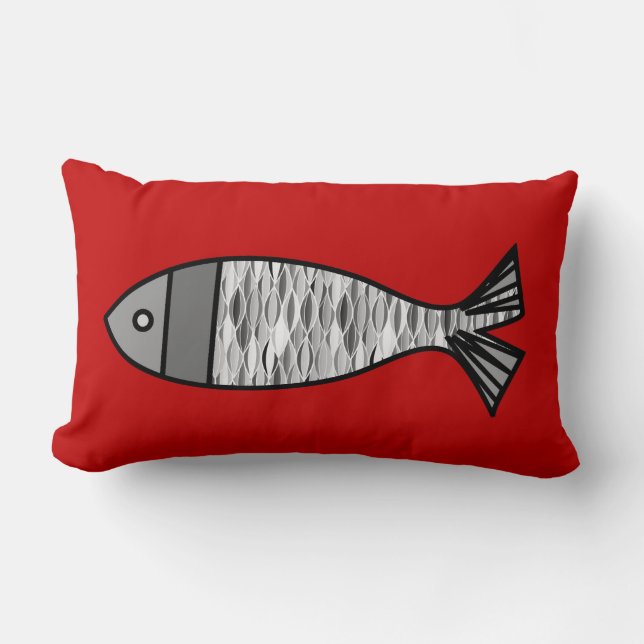 Retro Modern Fish, Deep Red and Grey / Grey Lumbar Cushion (Front)