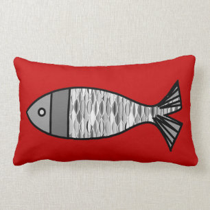 Retro Modern Fish, Deep Red and Grey / Grey Lumbar Cushion