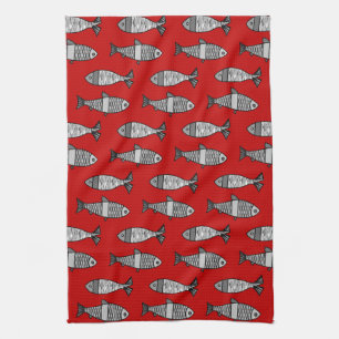 Retro Modern Fish, Deep Red and Grey / Grey Tea Towel