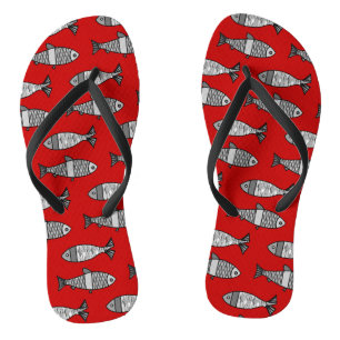 Retro Modern Fish, Deep Red and Grey / Grey Thongs