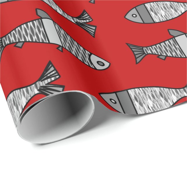 Retro Modern Fish, Deep Red and Grey / Grey Wrapping Paper (Roll Corner)