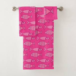 Retro Modern Fish, Fuchsia and Light Pink Bath Towel Set