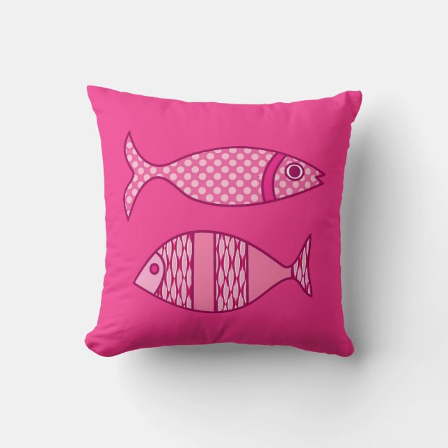 Retro Modern Fish, Fuchsia, Light Pink, Deep Pink Cushion (Front)