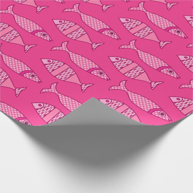 Retro Modern Fish, Fuchsia, Light Pink, Deep Pink Wrapping Paper (Corner)
