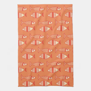 Retro Modern Fish, Light Coral Orange & Tangerine  Tea Towel
