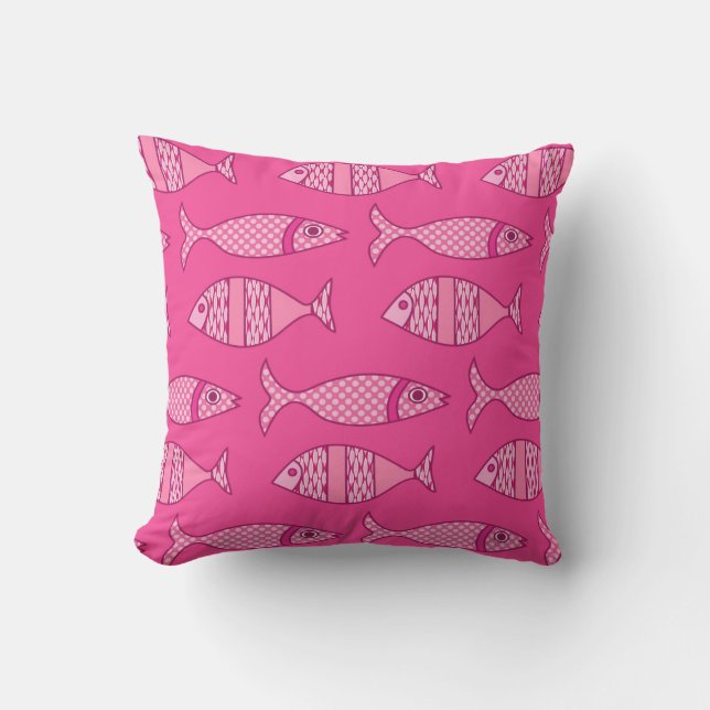 Retro Modern Fish Print, Fuchsia & Light Pink Cushion (Front)