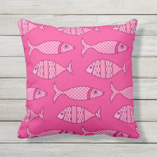 Retro Modern Fish Print, Fuchsia & Light Pink Cushion
