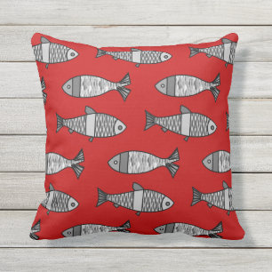 Retro Modern Fish Print, Red and Grey / Grey Outdoor Cushion