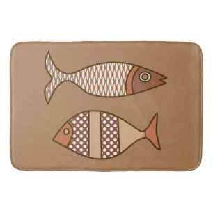 Retro Modern Fish, Tan, Beige and Light Brown Bath Mat