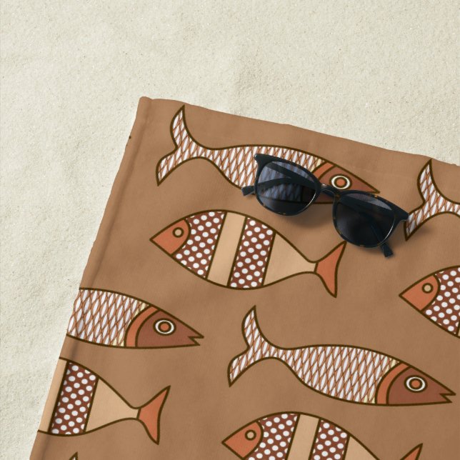 Retro Modern Fish, Tan, Beige and Light Brown Beach Towel (In Situ)