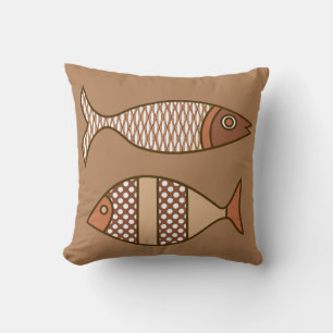 Retro Modern Fish, Tan, Beige and Light Brown Cushion