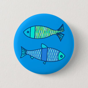 Retro Modern Fish, Turquoise and Cerulean Blue 6 Cm Round Badge