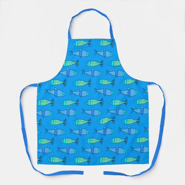 Retro Modern Fish, Turquoise and Cerulean Blue Apron (Front)