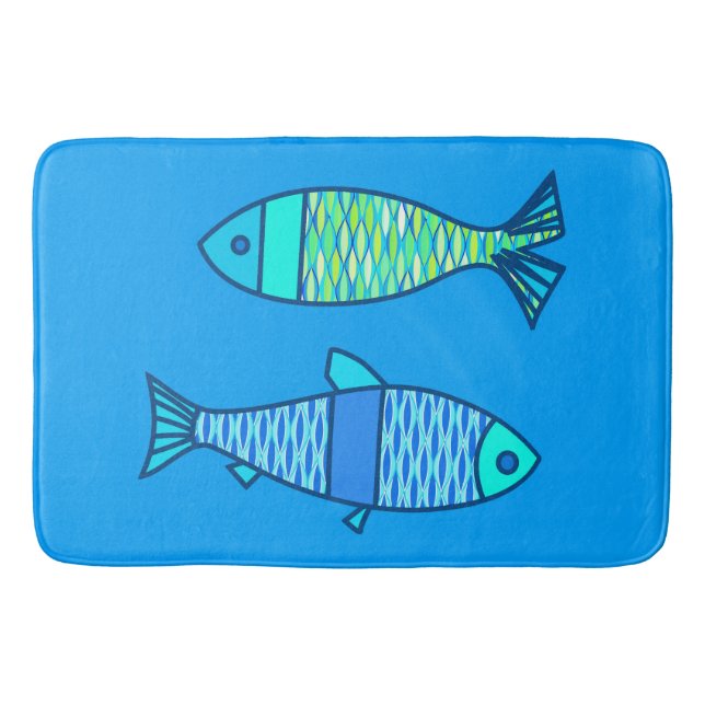 Retro Modern Fish, Turquoise and Cerulean Blue Bath Mat (Front)