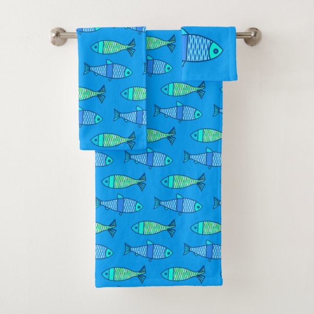 Retro Modern Fish, Turquoise and Cerulean Blue Bath Towel Set (Insitu)