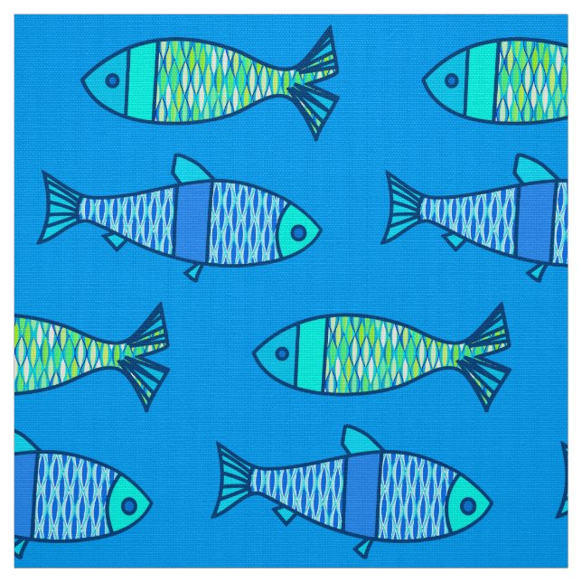 Retro Modern Fish, Turquoise and Cerulean Blue Fabric (Swatch)