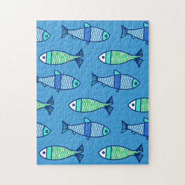 Retro Modern Fish, Turquoise and Cerulean Blue Jigsaw Puzzle (Vertical)