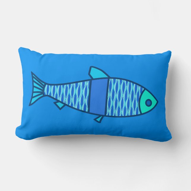 Retro Modern Fish, Turquoise and Cerulean Blue Lumbar Cushion (Front)